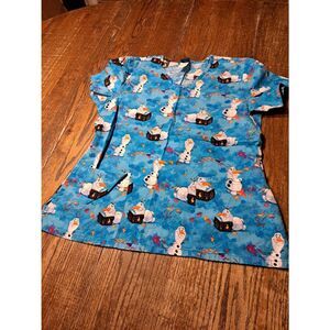 Disney Scrubs Scrub Top Olaf Frozen 2 M Blue V-Neck Cotton Pockets Cute